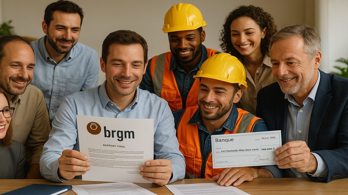 Employés célébrant une découverte validée par le BRGM lors d’un chantier de routage