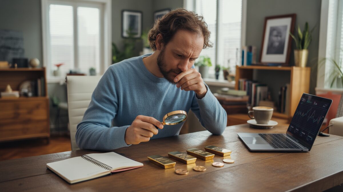 Personne examinant des lingots et pièces d’or sur un bureau en bois à la lumière du jour, dans une ambiance réaliste et chaleureuse.