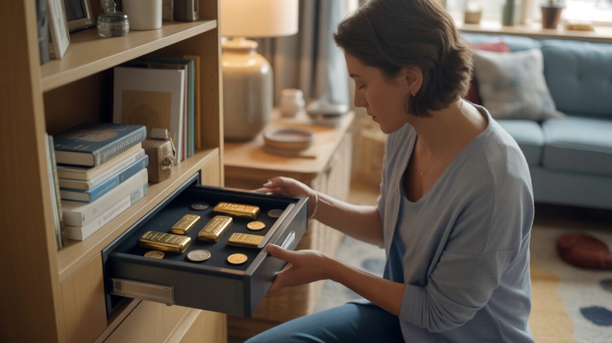personne réaliste stockant des lingots et pièces d’or dans un intérieur domestique moderne et naturel avec lumière chaleureuse et détails authentiques
